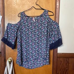 Xhilaration Navy and Pink Floral Cold Shoulder Blouse